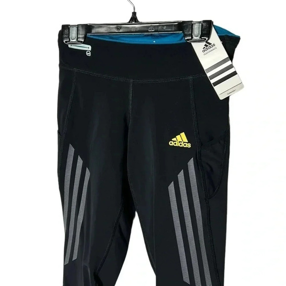 ADIDAS Capri women XS, NWT  leggings ,reflective,logo ,black,striped,activewear - Picture 2 of 11